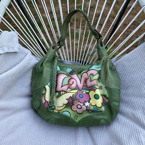 Isabella Fiore Love Dove Tattoo Bag Green Leather Hand Painted Signed HTF RARE